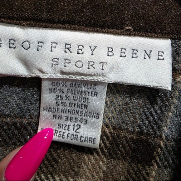 Vtg 90s Wool Blend Brown Tan Plaid Button Shirt Crop Shacket Contrast Collar 12 - Picture 6 of 8